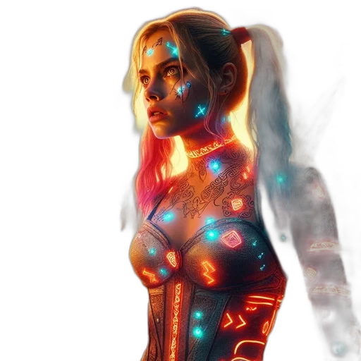 dress, robot, concept art, cyberpunk, fantasy art, comic book art, neon lights, neon transparent PNG cut-out
