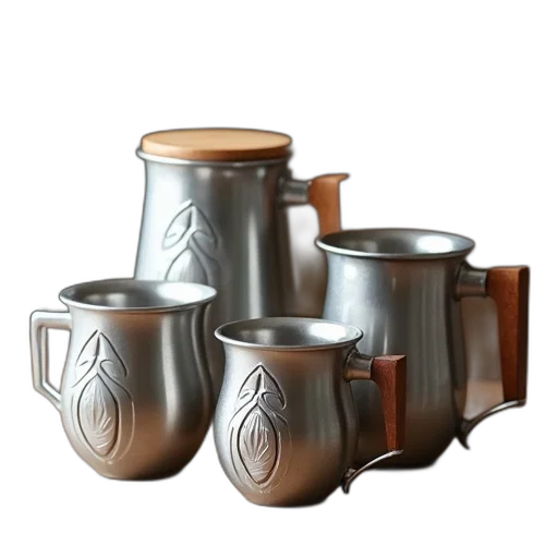 3d render, concept art, photorealistic, set, four, silver, coffee, mugs transparent PNG cut-out