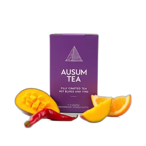 product, packaging, ausum, tea, purple, background, white, text transparent PNG cut-out