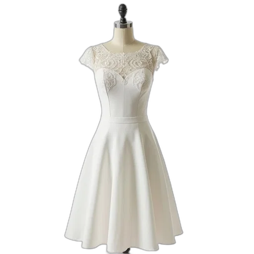 dress, white, lace-trimmed, fitted, bodice, flared, skirt, displayed transparent PNG cut-out