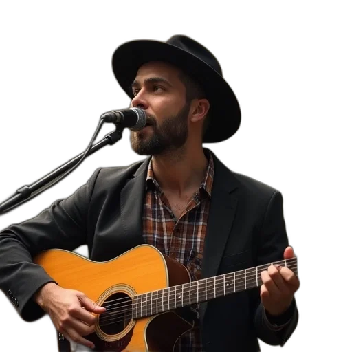 hat, jacket, man, sings, holds, acoustic, guitar transparent PNG cut-out