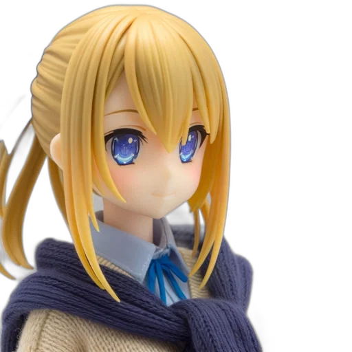 3d render, photorealistic, anime, serene, figurine, blonde-haired, woman, beige transparent PNG cut-out