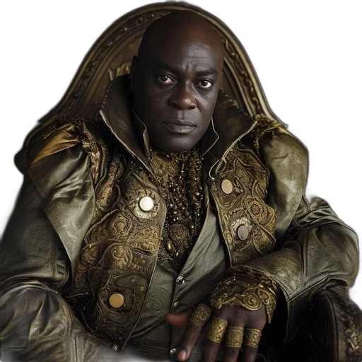 jacket, face, staff, crown, man, golden-hued, ornate, outfit transparent PNG cut-out