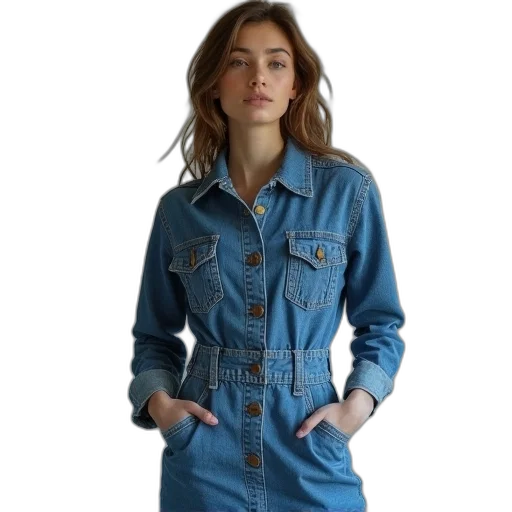 jacket, dress, photorealistic, blue, model, jean, jumpsuit, buttoned transparent PNG cut-out