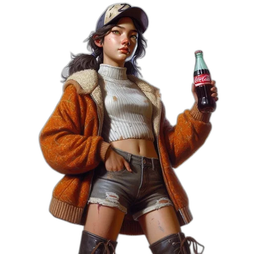 jacket, bottle, hat, concept art, photorealistic, cyberpunk, oil painting, dark transparent PNG cut-out