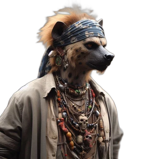 animal, mask, jacket, jewelry, cyberpunk, concept art, earth tones, pirate-themed transparent PNG cut-out