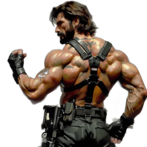 weapon, concept art, photorealistic, 3d render, comic book art, rugged, man, harness transparent PNG cut-out