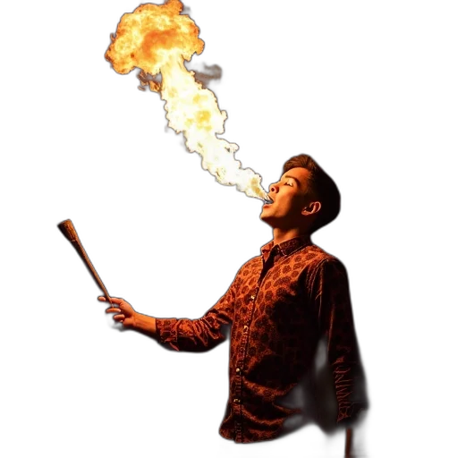 staff, jacket, umbrella, concept art, fire, person, performing, fire-breathing transparent PNG cut-out