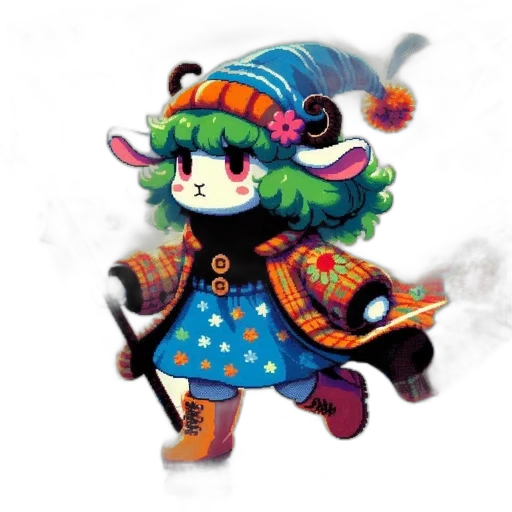 staff, creature, hat, concept art, fantasy art, pixel art, watercolor, colorful transparent PNG cut-out