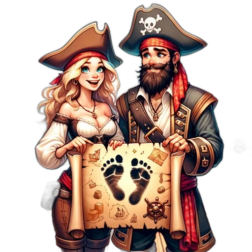 fantasy art, concept art, pixel art, comic book art, pirate, couple, holds, map transparent PNG cut-out