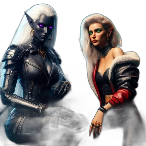 concept art, comic book art, cyberpunk, fantasy art, outer space, dark, two, women transparent PNG cut-out
