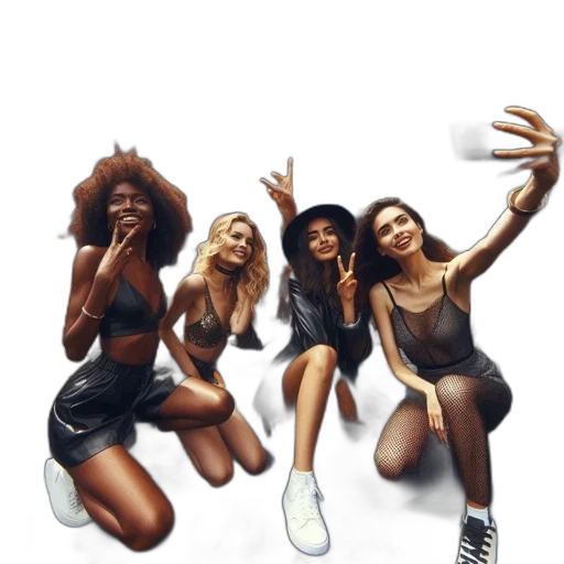 concept art, photorealistic, four, women, pose, selfie, front, layered transparent PNG cut-out
