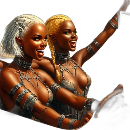 jewelry, concept art, fantasy art, 3d render, comic book art, earth tones, two, women transparent PNG cut-out