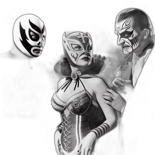 mask, comic book art, concept art, pencil sketch, fantasy art, outer space, three, individuals transparent PNG cut-out