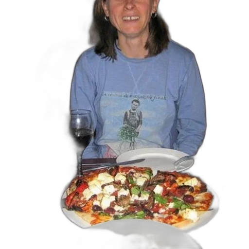 food, jacket, face, dress, woman, sits, table, pizza transparent PNG cut-out