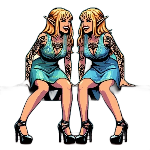 dress, jewelry, concept art, pixel art, cartoon, fantasy art, two, identical transparent PNG cut-out