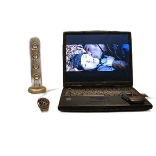 staff, laptop, displaying, romantic, scene, placed, wooden, desk transparent PNG cut-out