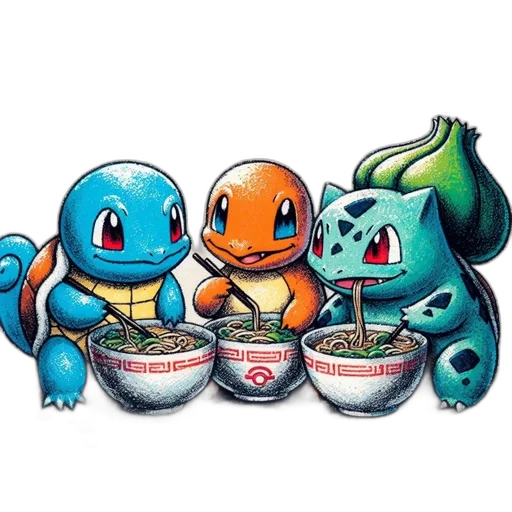 food, pixel art, concept art, watercolor, blue, three, pokémon, characters transparent PNG cut-out