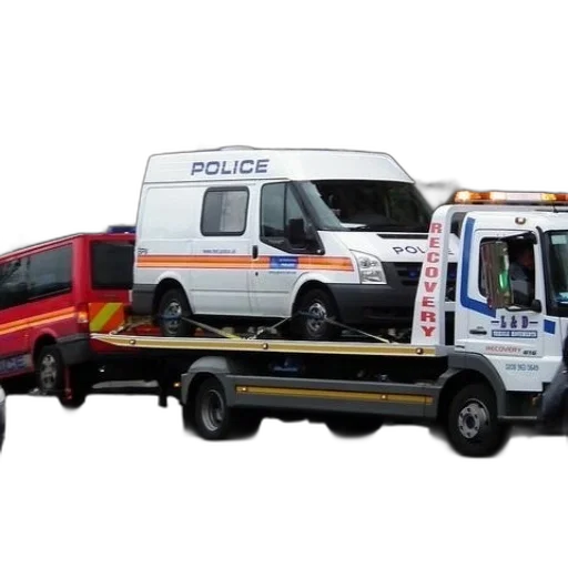 car, 3d render, police, van, being, towed, recovery, truck transparent PNG cut-out
