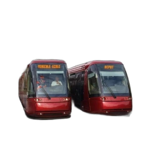 3d render, photorealistic, two, red, trams, sit, side, tracks transparent PNG cut-out