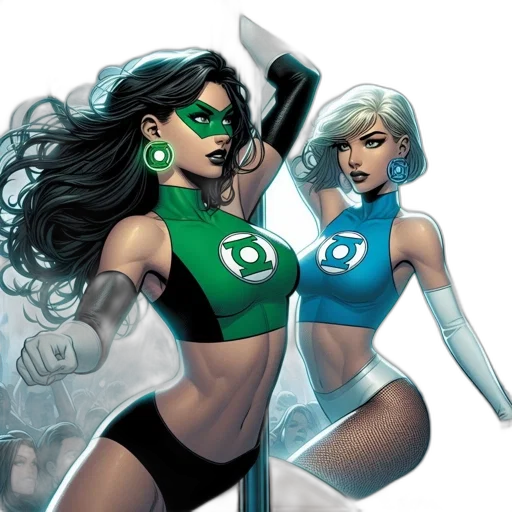 comic book art, concept art, green, two, female, superhero, characters, entertain transparent PNG cut-out
