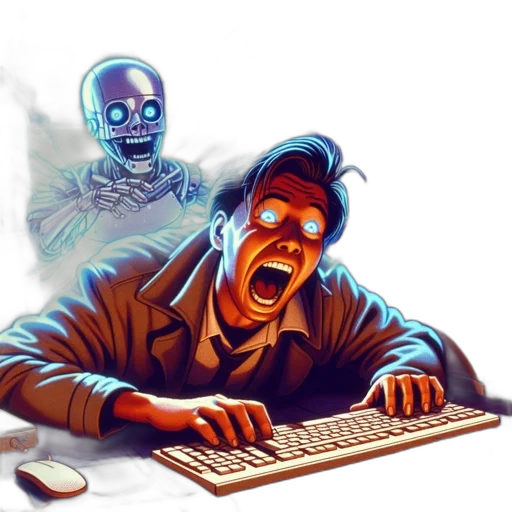 robot, cyberpunk, concept art, vaporwave, comic book art, neon lights, fire, blue transparent PNG cut-out