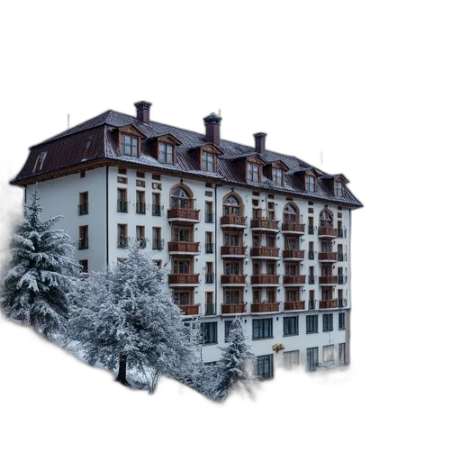 building, photorealistic, 3d render, concept art, snow, large, multi-story, hotel transparent PNG cut-out