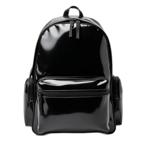 3d render, photorealistic, black, backpack, shiny, reflective, surface, displayed transparent PNG cut-out