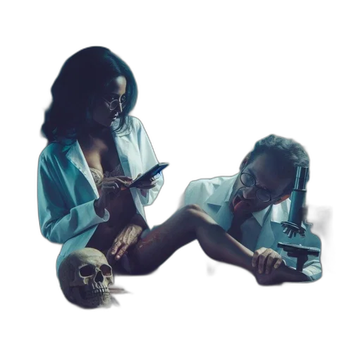 concept art, neon lights, dimly, lit, laboratory, woman, studying, her transparent PNG cut-out