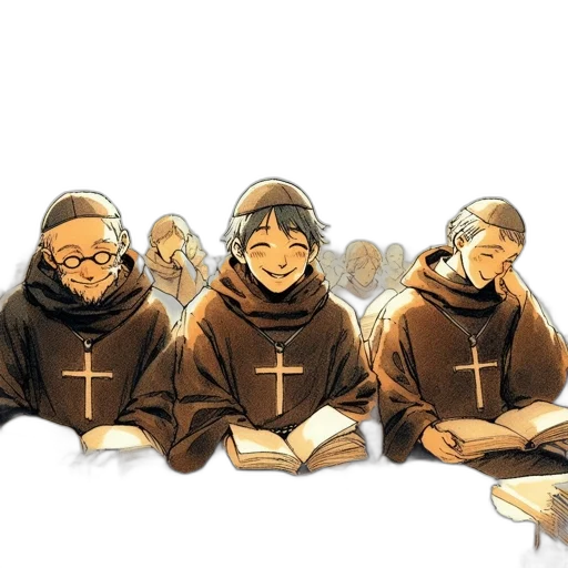 comic book art, concept art, watercolor, monks, brown, robes, gather, well-lit transparent PNG cut-out