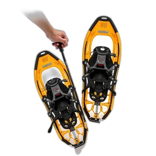 shoes, pair, snowshoes, black, yellow, straps, displayed, against transparent PNG cut-out
