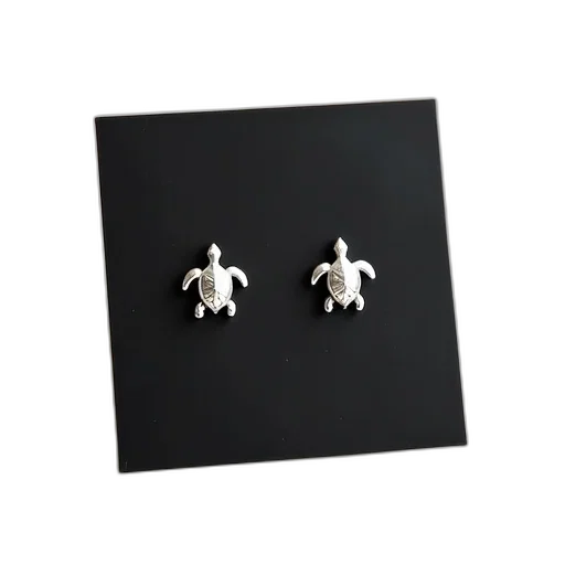 jewelry, pair, silver, turtle-shaped, earrings, displayed, black, card transparent PNG cut-out