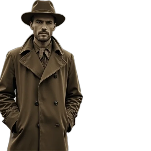 jacket, hat, concept art, photorealistic, earth tones, sepia-toned, photograph, man transparent PNG cut-out