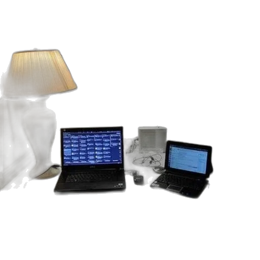 small, desk, two, laptops, lamp, some, books, shelf transparent PNG cut-out
