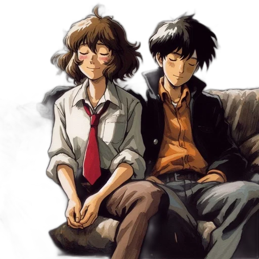anime, concept art, comic book art, watercolor, monochrome, two, characters, young transparent PNG cut-out
