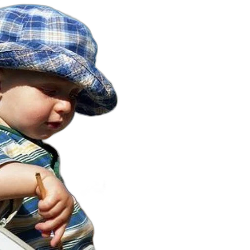 hat, photorealistic, young, child, plaid, sits, edge, wooden transparent PNG cut-out