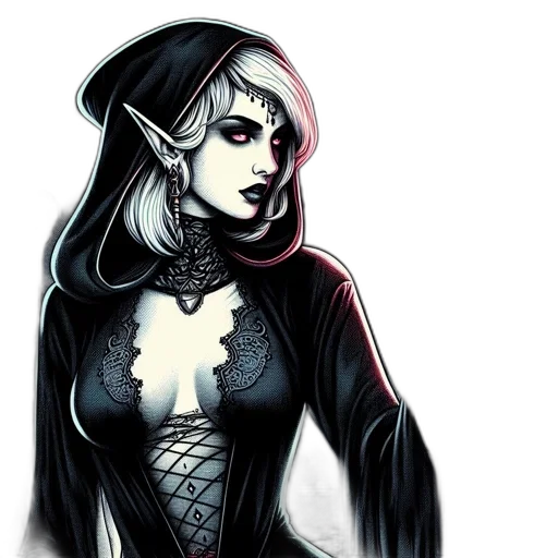 comic book art, fantasy art, concept art, pixel art, dark, monochrome, elven, woman transparent PNG cut-out