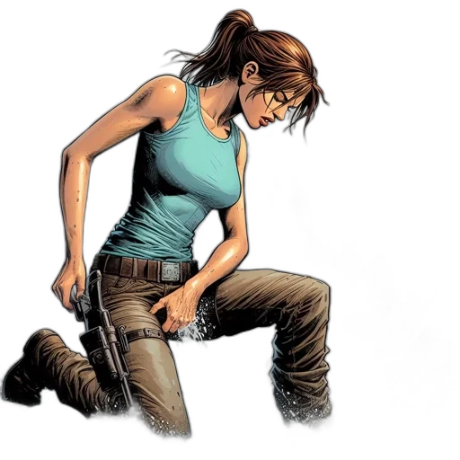 weapon, comic book art, concept art, cartoon, photorealistic, female, adventurer, turquoise transparent PNG cut-out