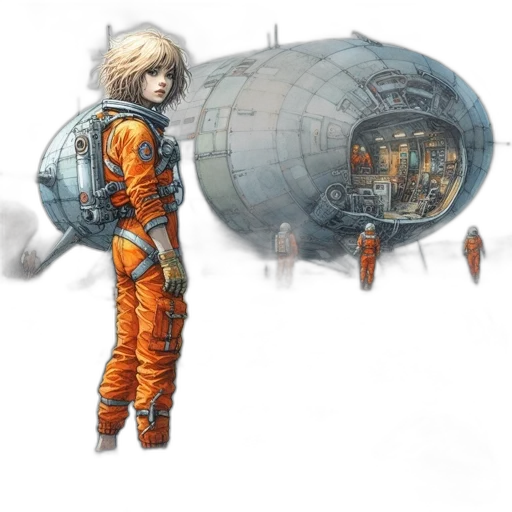 jacket, concept art, comic book art, fantasy art, pixel art, outer space, young, woman transparent PNG cut-out