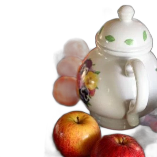 robot, food, 3d render, photorealistic, concept art, floral, teapot, sits transparent PNG cut-out