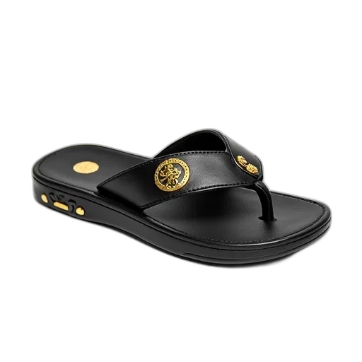 shoes, jewelry, black, leather, flip-flop, gold, buckle, emblem transparent PNG cut-out