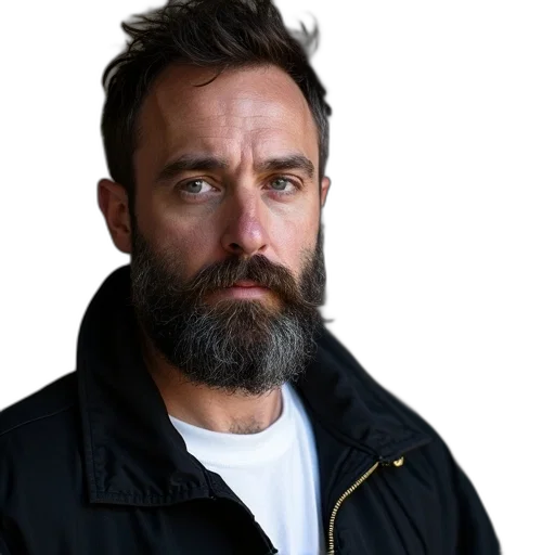 jacket, face, staff, hair, man, beard, mustache, wearing transparent PNG cut-out