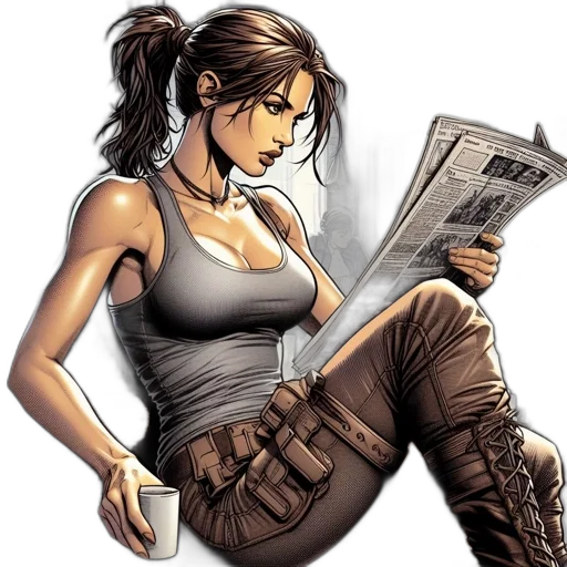 comic book art, concept art, cartoon, fantasy art, earth tones, woman, gun, holster transparent PNG cut-out