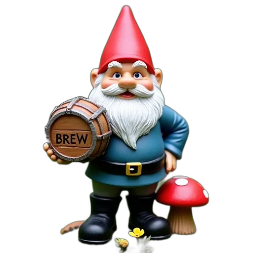 3d render, photorealistic, garden, gnome, statue, holding, wooden, barrel transparent PNG cut-out