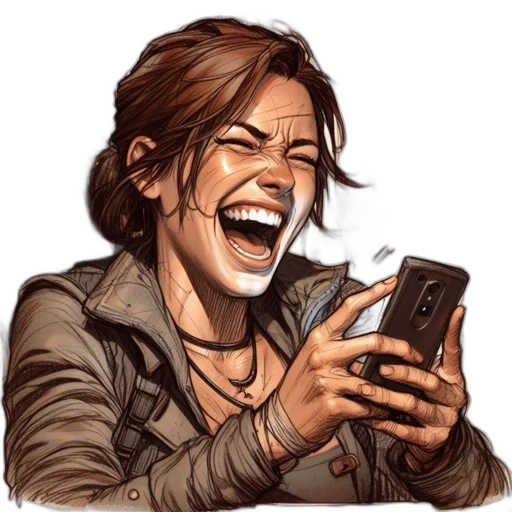 face, comic book art, woman, laughs, holding, smartphone, showing, amusing transparent PNG cut-out