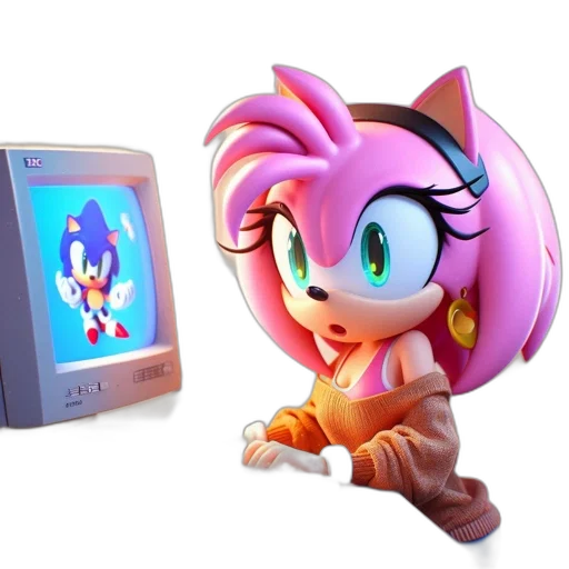 3d render, concept art, vaporwave, pixel art, amy, rose, sonic, hedgehog transparent PNG cut-out