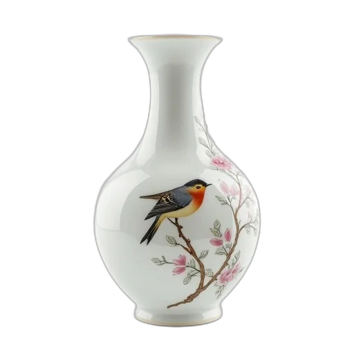 photorealistic, white, porcelain, vase, bird, floral, design, displayed transparent PNG cut-out