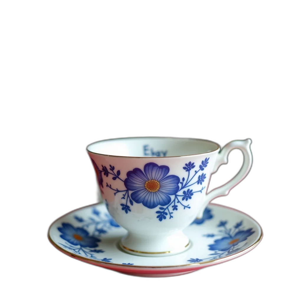 flower, photorealistic, 3d render, white, porcelain, teacup, blue, floral transparent PNG cut-out