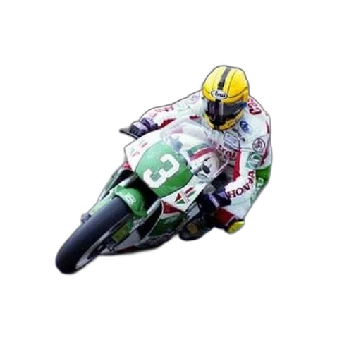 photorealistic, pixel art, motorcycle, racer, green, white, suit, number transparent PNG cut-out