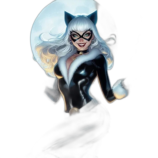 comic book art, concept art, fantasy art, cartoon, female, superhero, feline-themed, costume transparent PNG cut-out